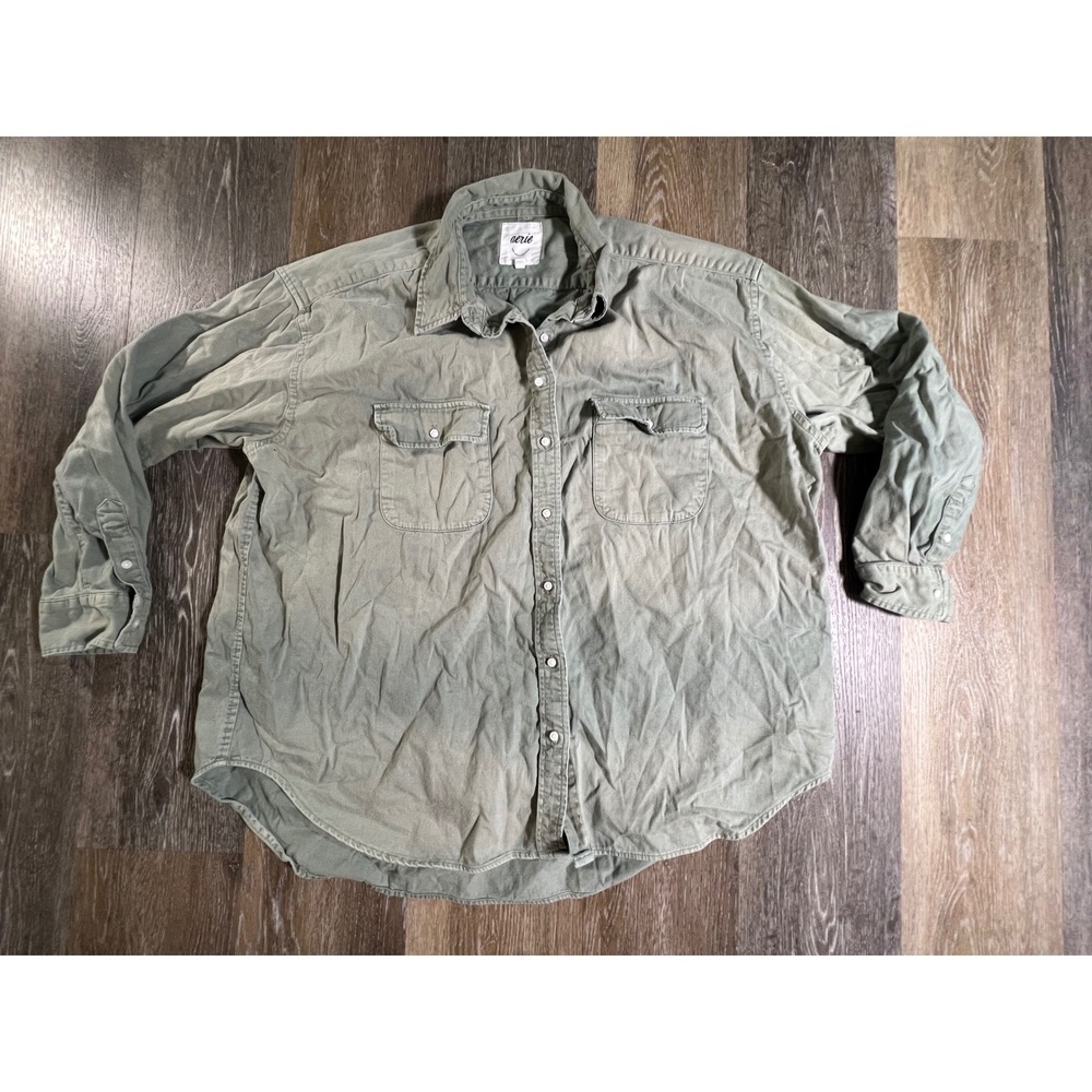 Aerie Button Down Shirt Women Medium Green Long Sleeve Cotton Utility Pockets
